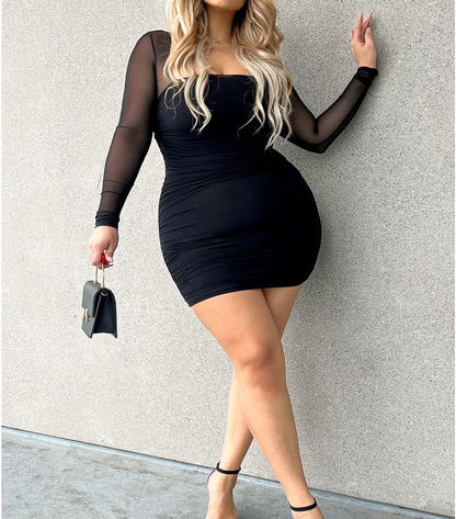 Women'S Sexy Sheer Mesh Long Sleeve Square Neck Ruched Bodycon Mini Club Dress